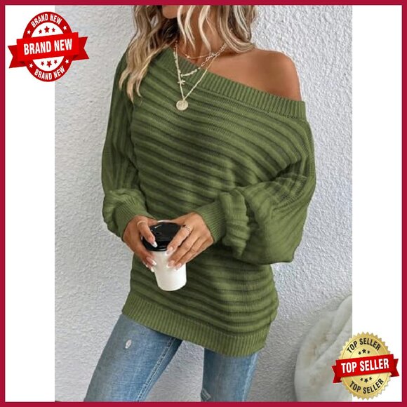 Oversized Off Shoulder Pullover Sweater Batwing Striped Cozy Winter - Picture 6 of 8